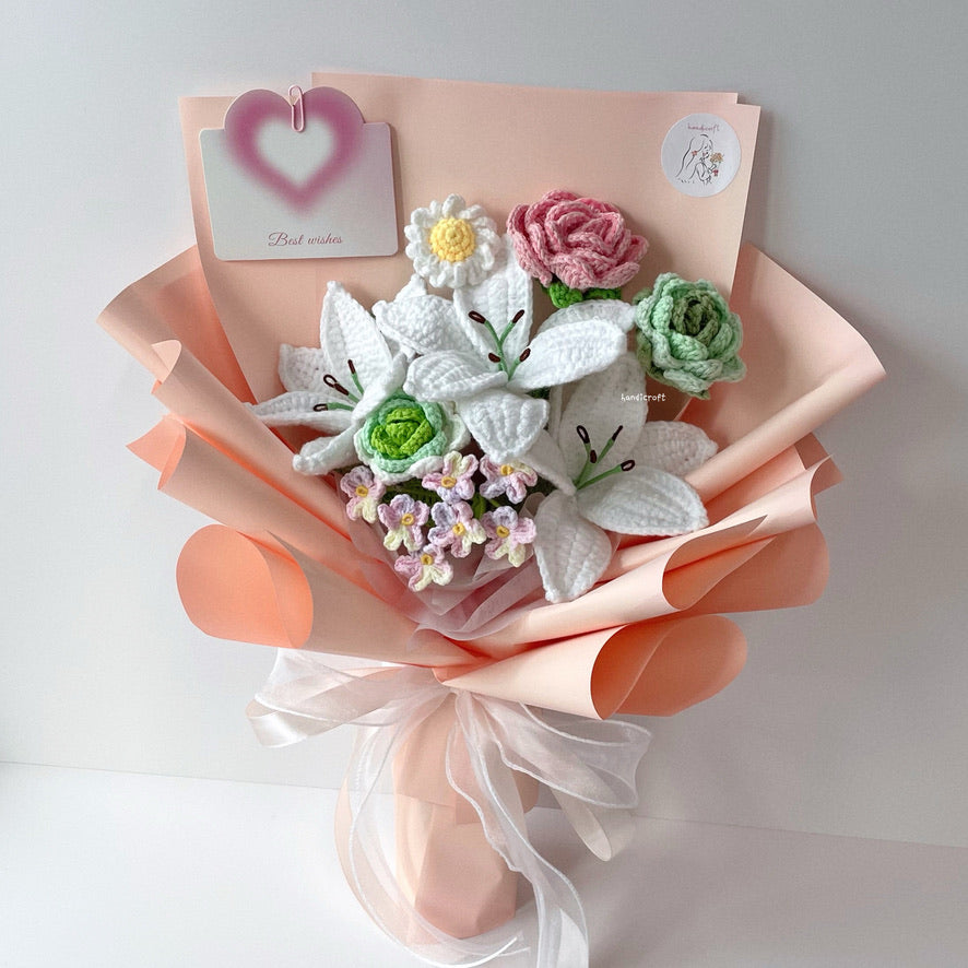 handicroft singapore handmade crochet lily pink and green flower bouquet lily's love in bloom
