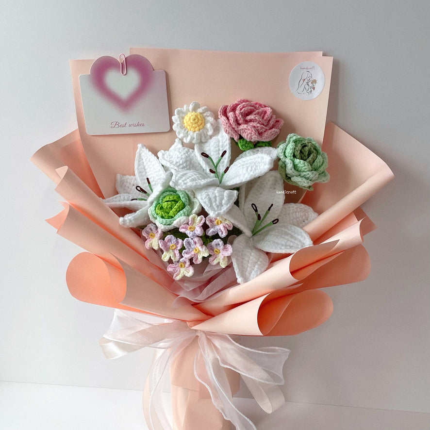 handicroft singapore handmade crochet lily pink and green flower bouquet lily's love in bloom