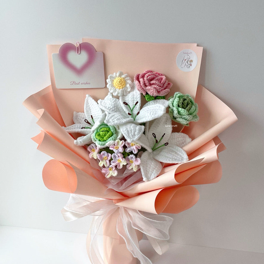 handicroft singapore handmade crochet lily pink and green flower bouquet lily's love in bloom
