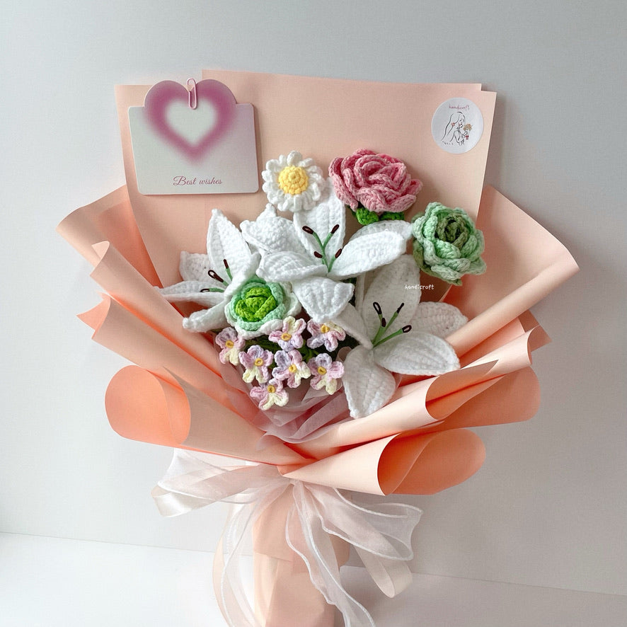 handicroft singapore handmade crochet lily pink and green flower bouquet lily's love in bloom