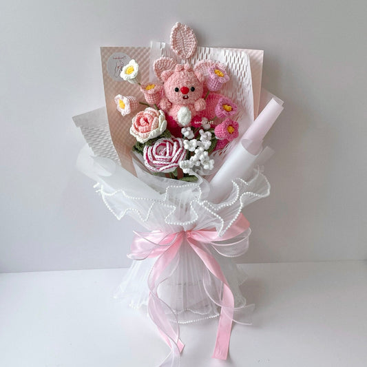 handicroft singapore handmade crochet pink white flower bouquet loopy character amigurumi loopy love