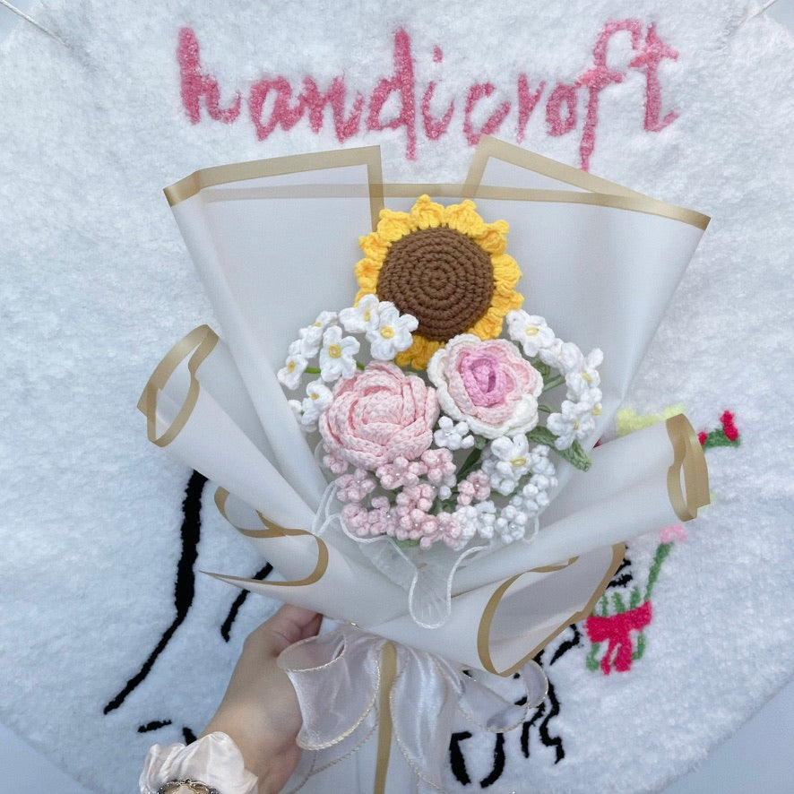 handicroft singapore handmade crochet pink & white flower bouquet sunflower blush