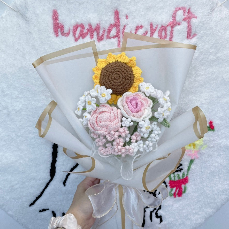 handicroft singapore handmade crochet pink & white flower bouquet sunflower blush