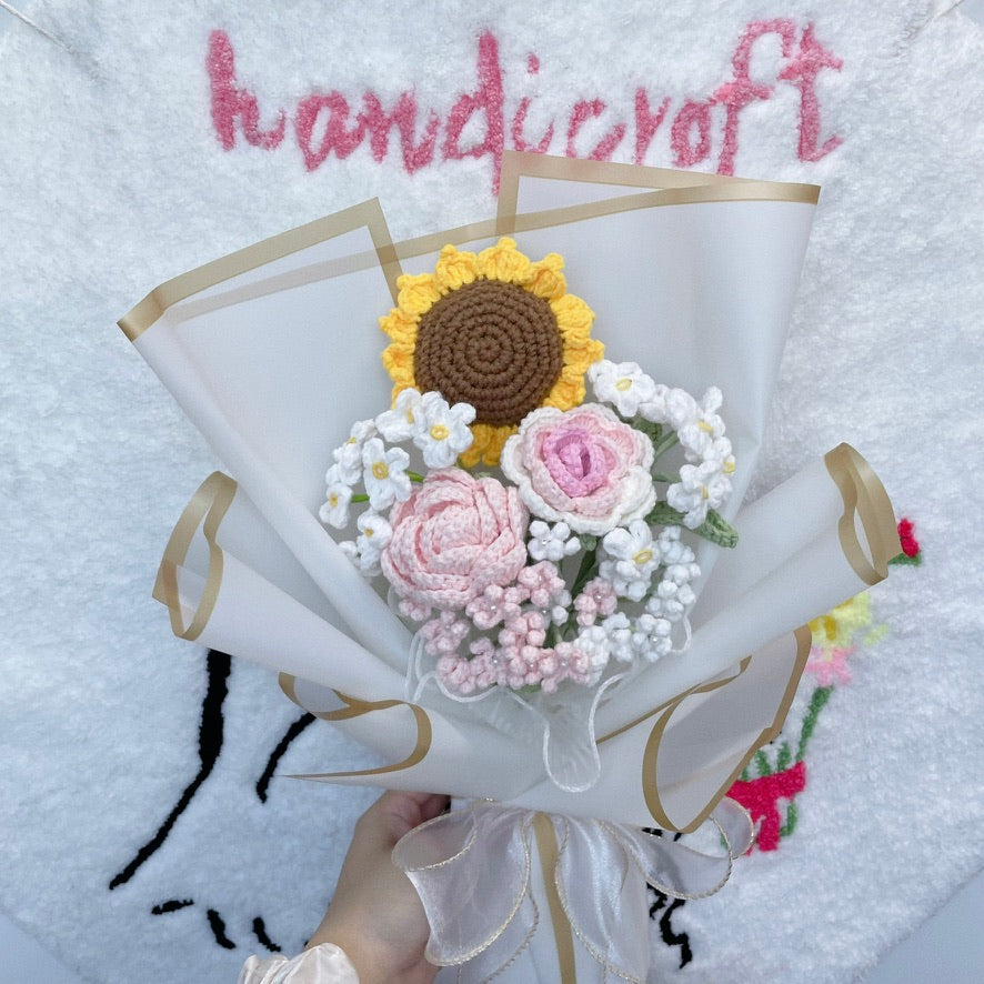 handicroft singapore handmade crochet pink & white flower bouquet sunflower blush