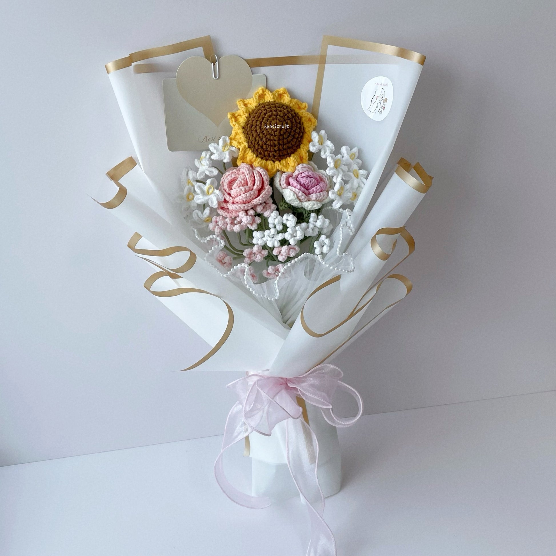 handicroft singapore handmade crochet pink & white flower bouquet sunflower blush