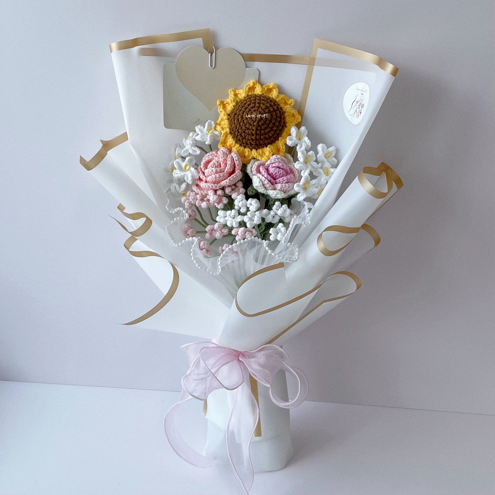 handicroft singapore handmade crochet pink & white flower bouquet sunflower blush