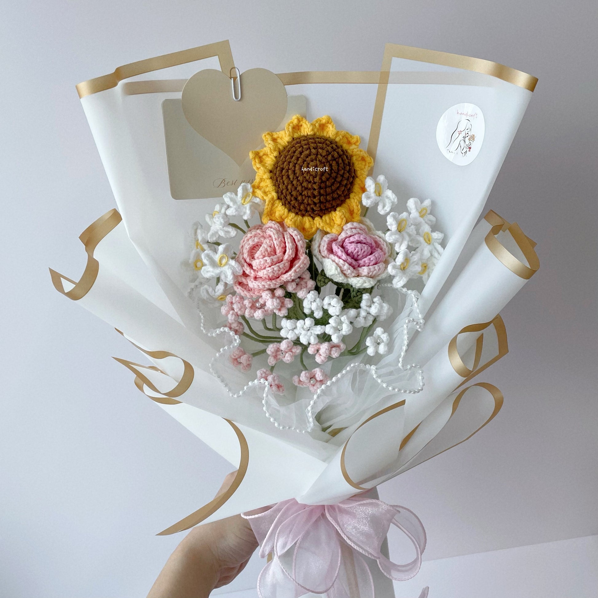 handicroft singapore handmade crochet pink & white flower bouquet sunflower blush