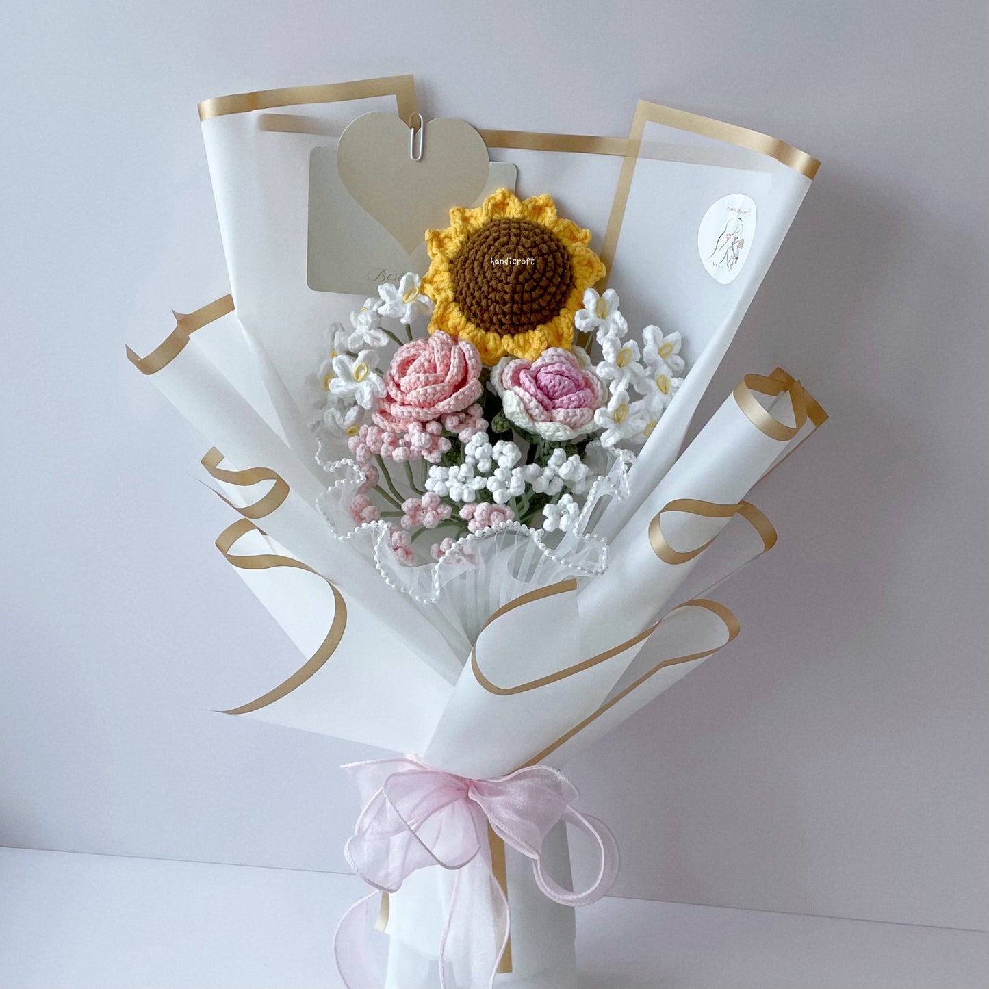 handicroft singapore handmade crochet pink & white flower bouquet sunflower blush