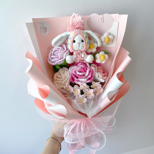 handicroft singapore handmade crochet rabbit flower bouquet sugar bunny blossoms in pink