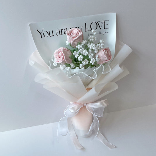 handicroft singapore handmade crochet rose flower bouquet sweet love 3 light pink roses