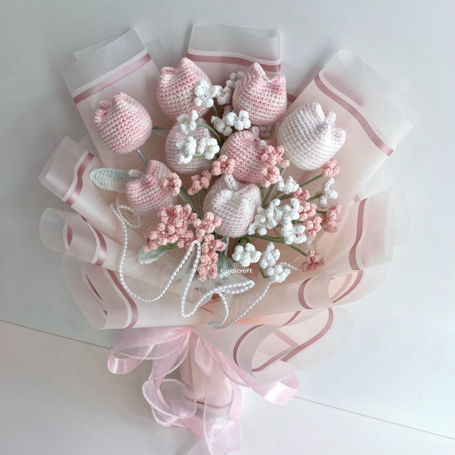 handicroft singapore handmade crochet special chubby tulip flower bouquet pastel pink white chubby charm