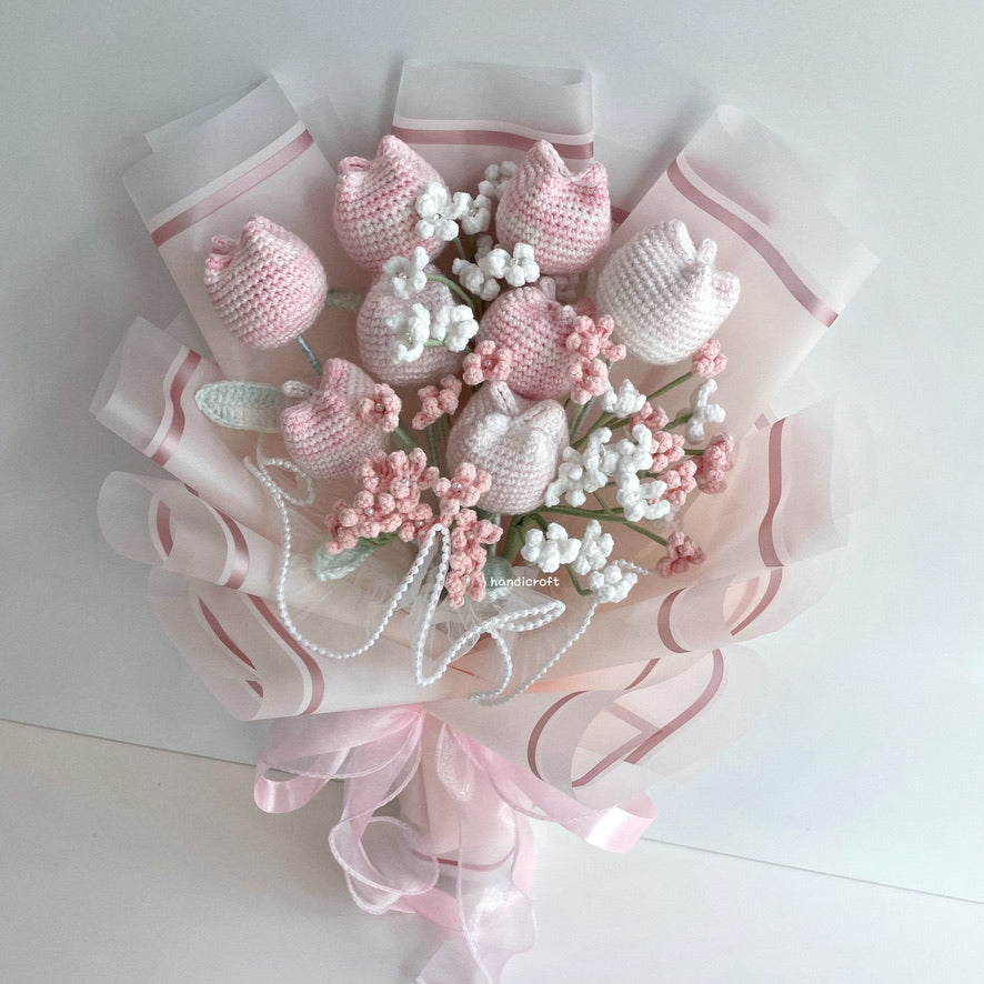 handicroft singapore handmade crochet special chubby tulip flower bouquet pastel pink white chubby charm