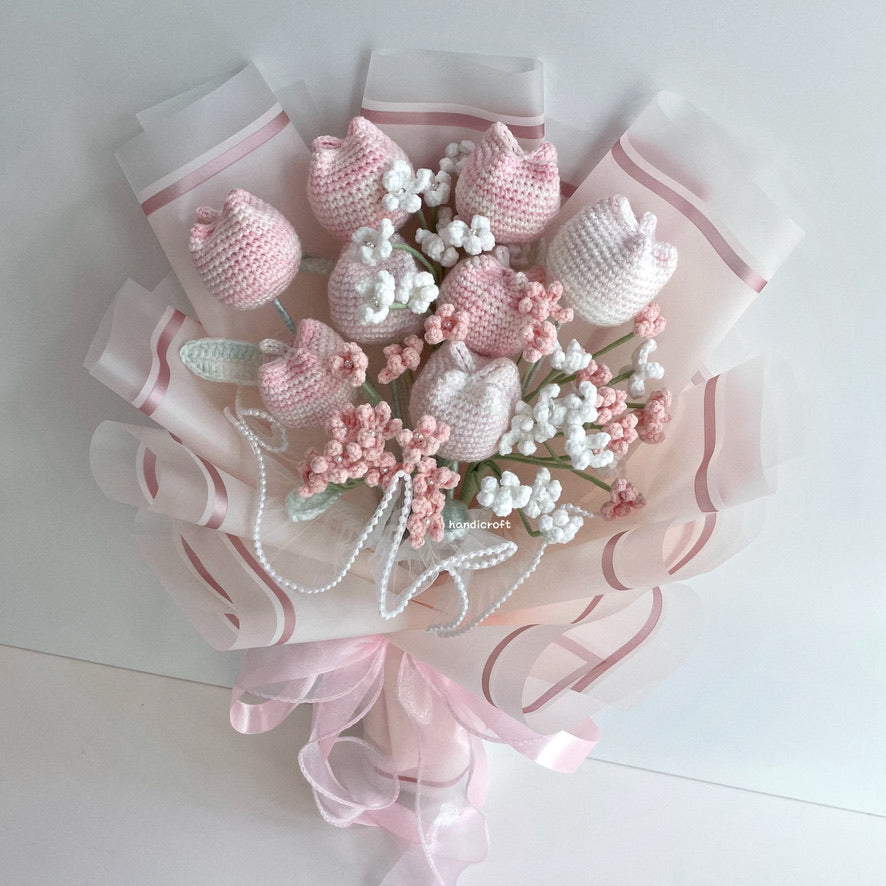 handicroft singapore handmade crochet special chubby tulip flower bouquet pastel pink white chubby charm