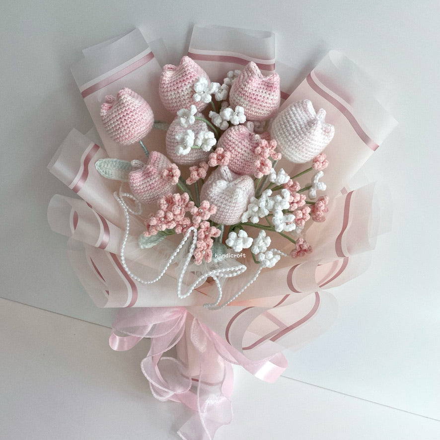 handicroft singapore handmade crochet special chubby tulip flower bouquet pastel pink white chubby charm