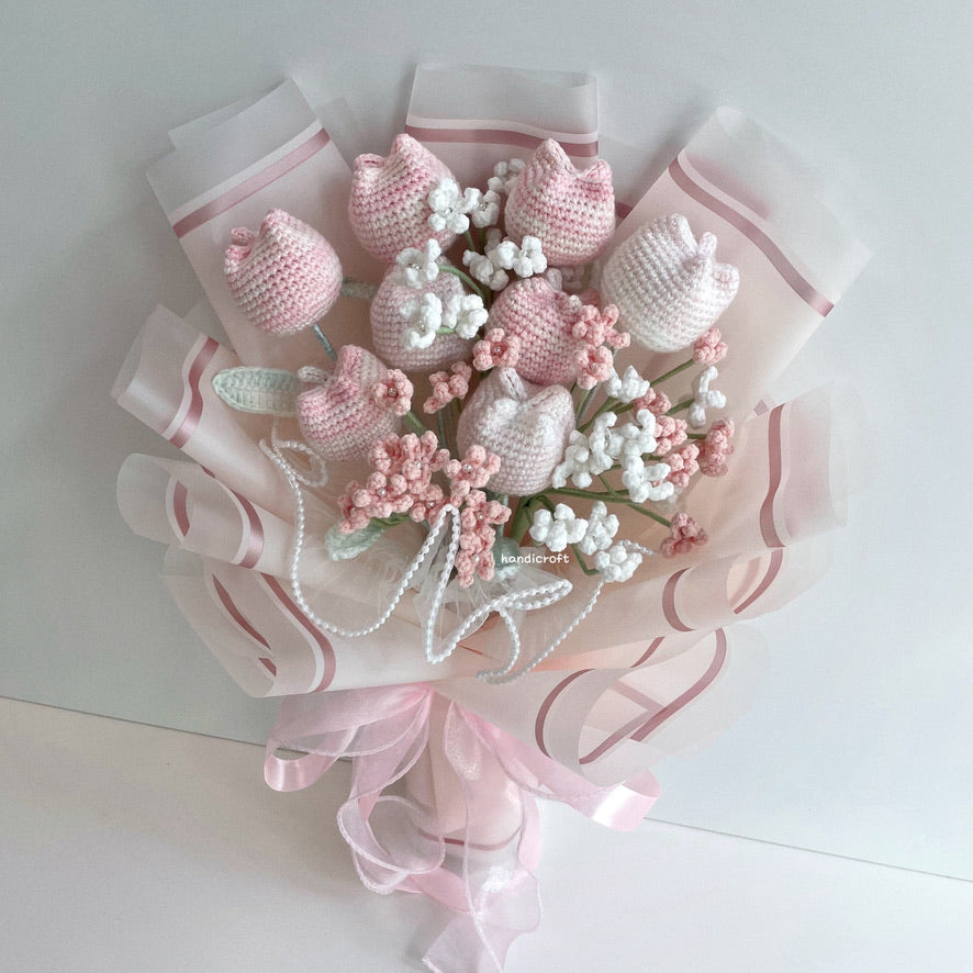 handicroft singapore handmade crochet special chubby tulip flower bouquet pastel pink white chubby charm