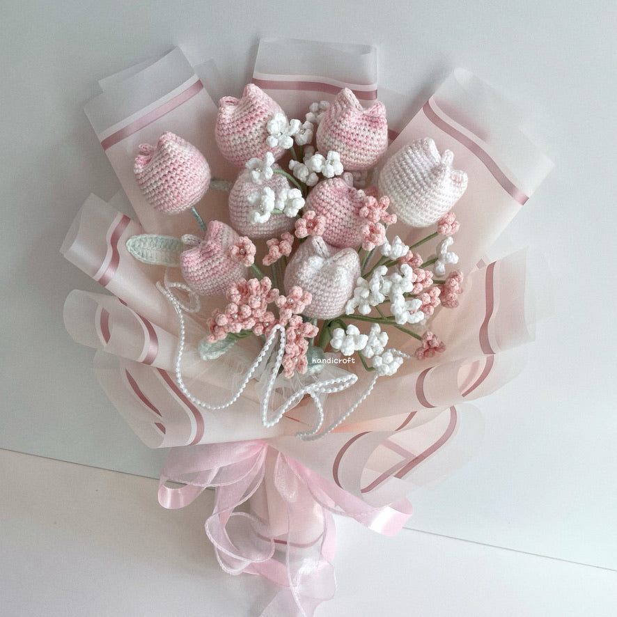 handicroft singapore handmade crochet special chubby tulip flower bouquet pastel pink white chubby charm