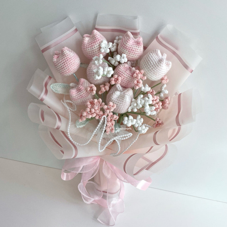 handicroft singapore handmade crochet special chubby tulip flower bouquet pastel pink white chubby charm