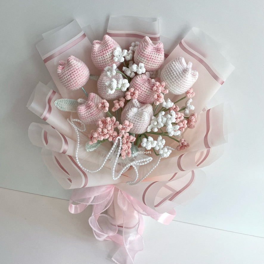 handicroft singapore handmade crochet special chubby tulip flower bouquet pastel pink white chubby charm