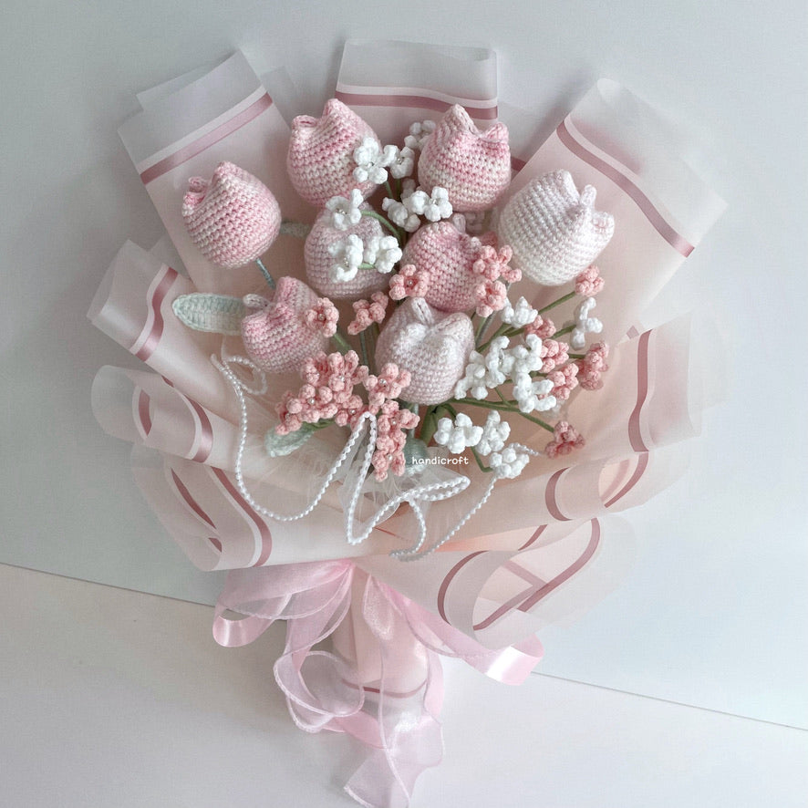 handicroft singapore handmade crochet special chubby tulip flower bouquet pastel pink white chubby charm