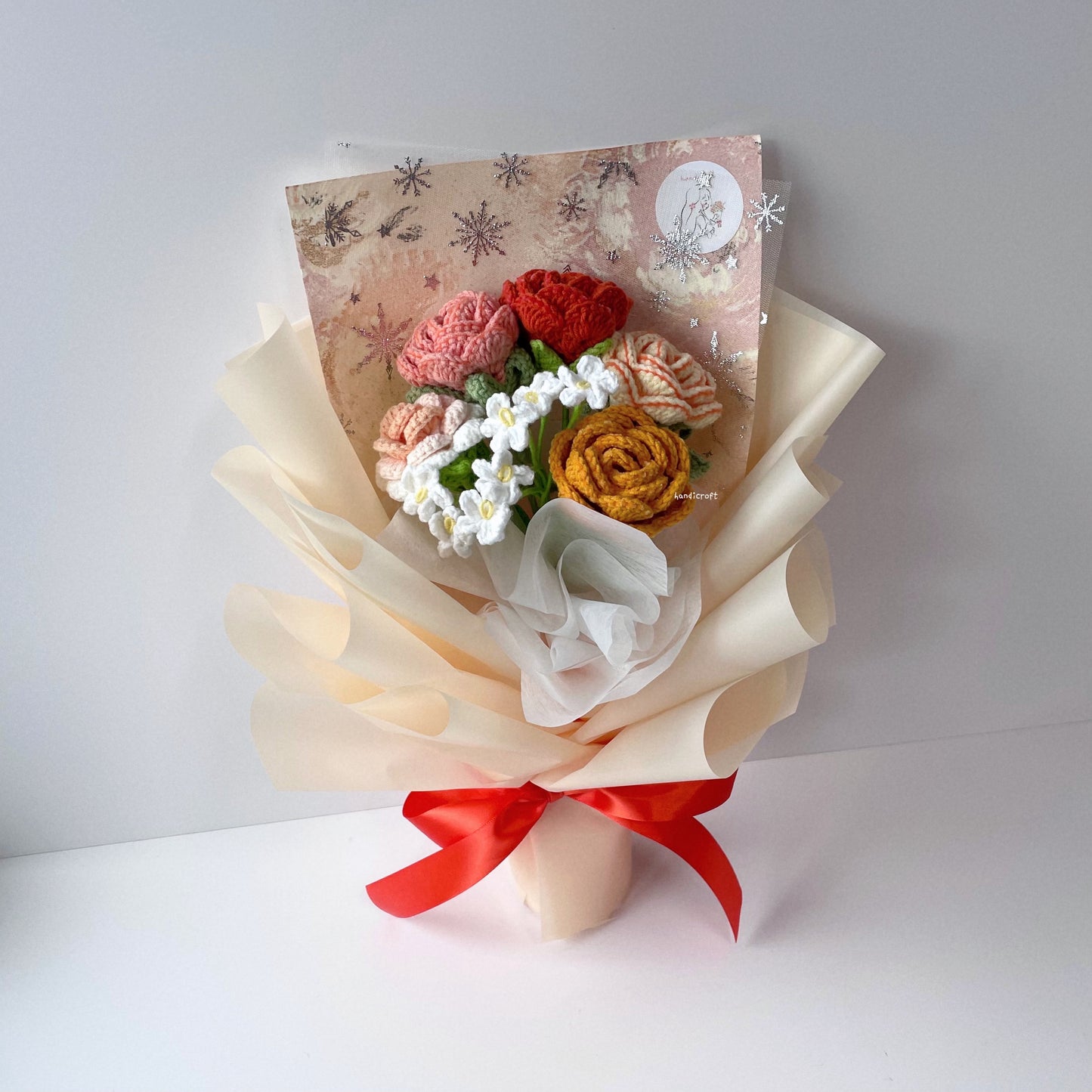 handicroft singapore handmade crochet special roses flower bouquet cheerful petals orange