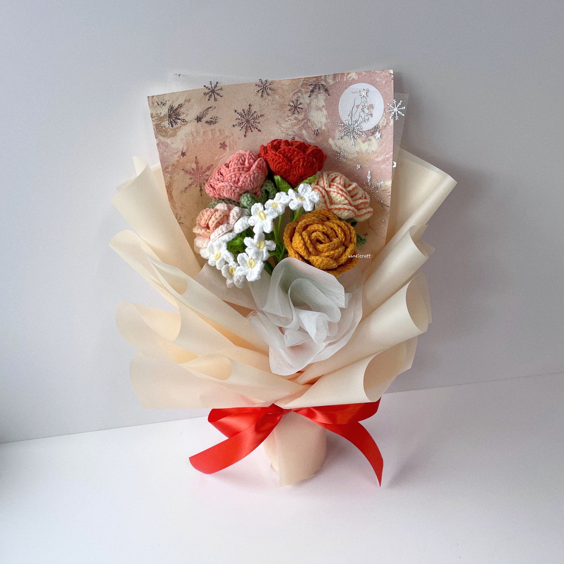 handicroft singapore handmade crochet special roses flower bouquet cheerful petals orange
