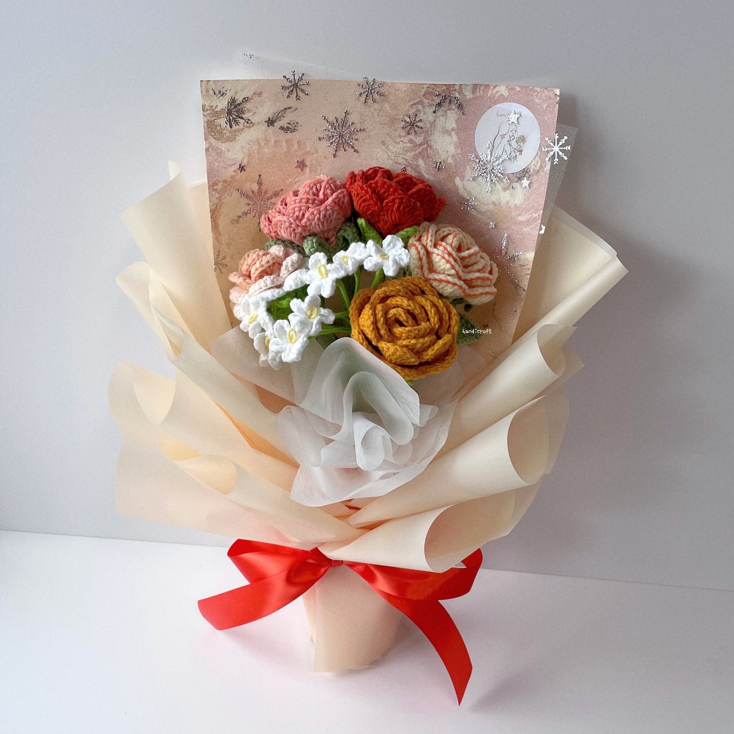 handicroft singapore handmade crochet special roses flower bouquet cheerful petals orange