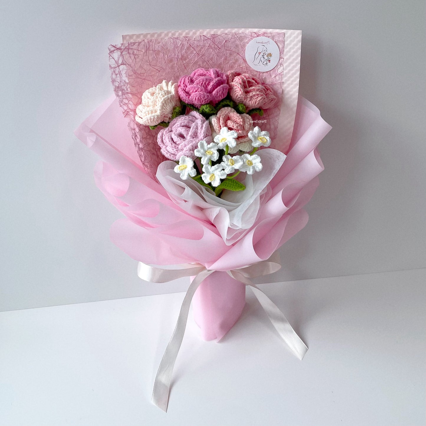handicroft singapore handmade crochet special roses flower bouquet cheerful petals pink