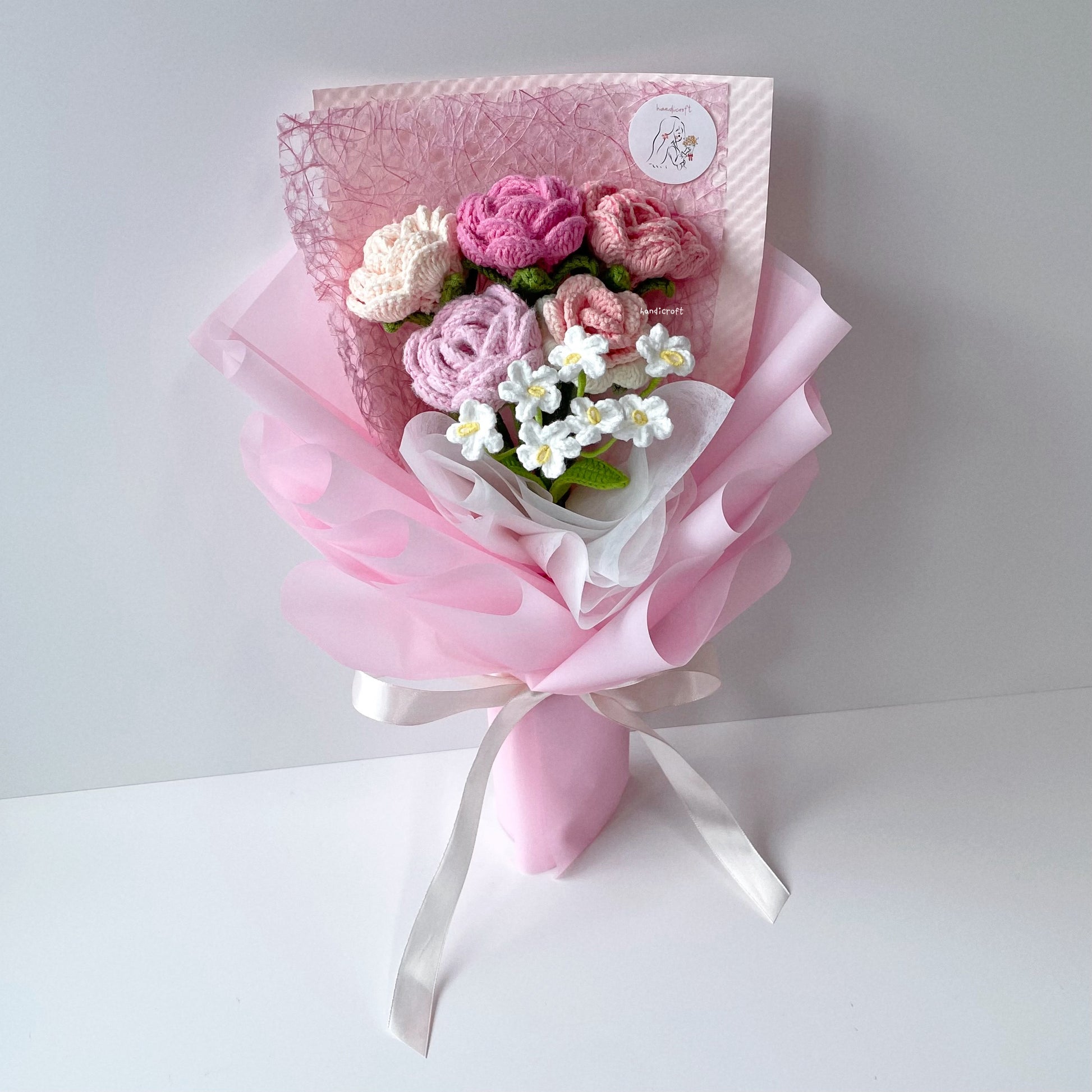 handicroft singapore handmade crochet special roses flower bouquet cheerful petals pink