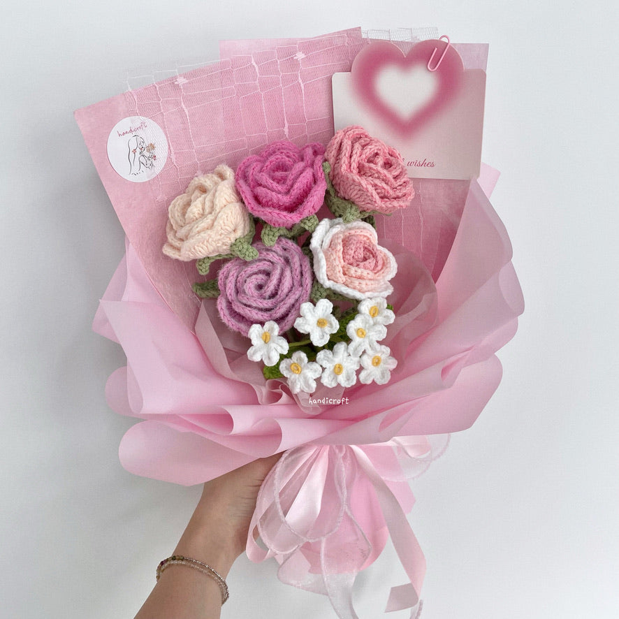 handicroft singapore handmade crochet special roses flower bouquet cheerful petals pink