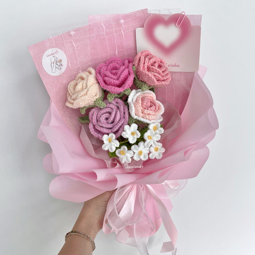 handicroft singapore handmade crochet special roses flower bouquet cheerful petals pink