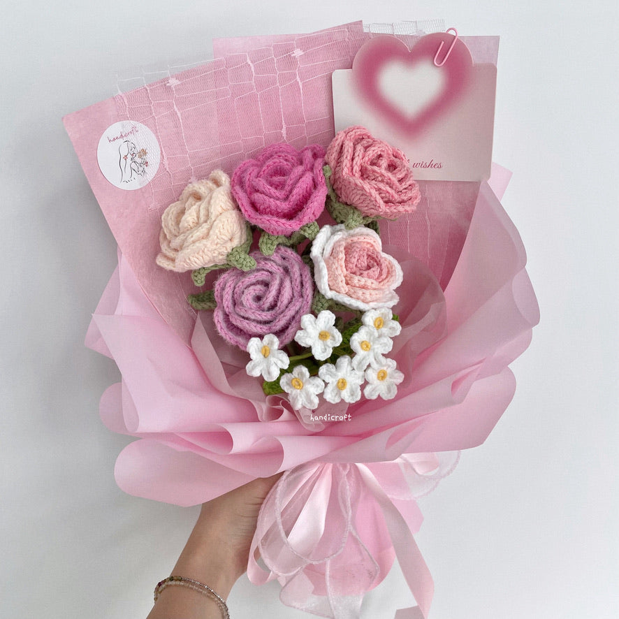 handicroft singapore handmade crochet special roses flower bouquet cheerful petals pink