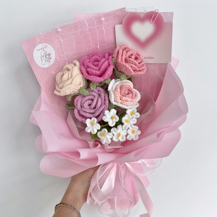handicroft singapore handmade crochet special roses flower bouquet cheerful petals pink