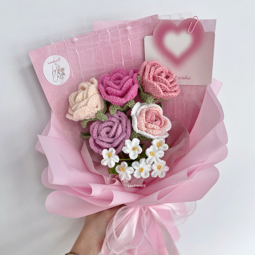 handicroft singapore handmade crochet special roses flower bouquet cheerful petals pink