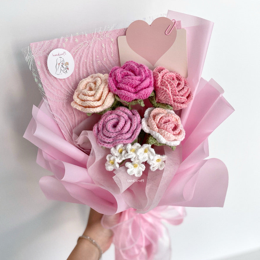 handicroft singapore handmade crochet special roses flower bouquet cheerful petals pink