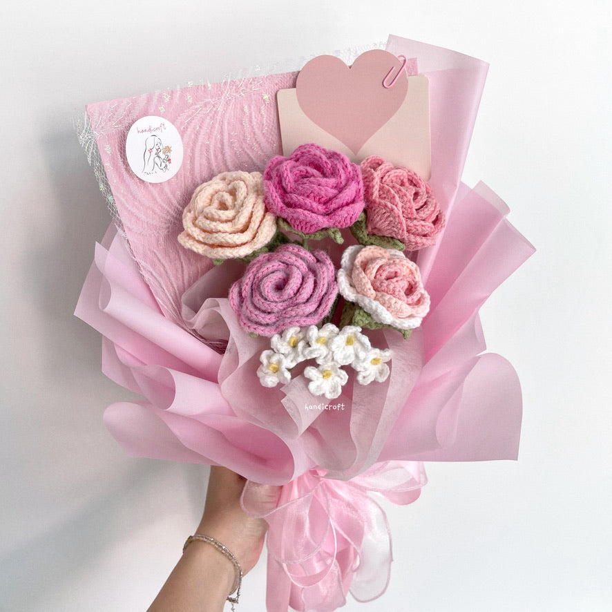 handicroft singapore handmade crochet special roses flower bouquet cheerful petals pink