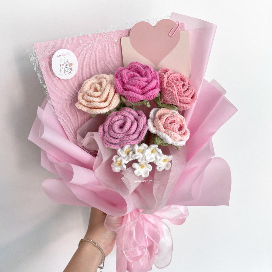 handicroft singapore handmade crochet special roses flower bouquet cheerful petals pink