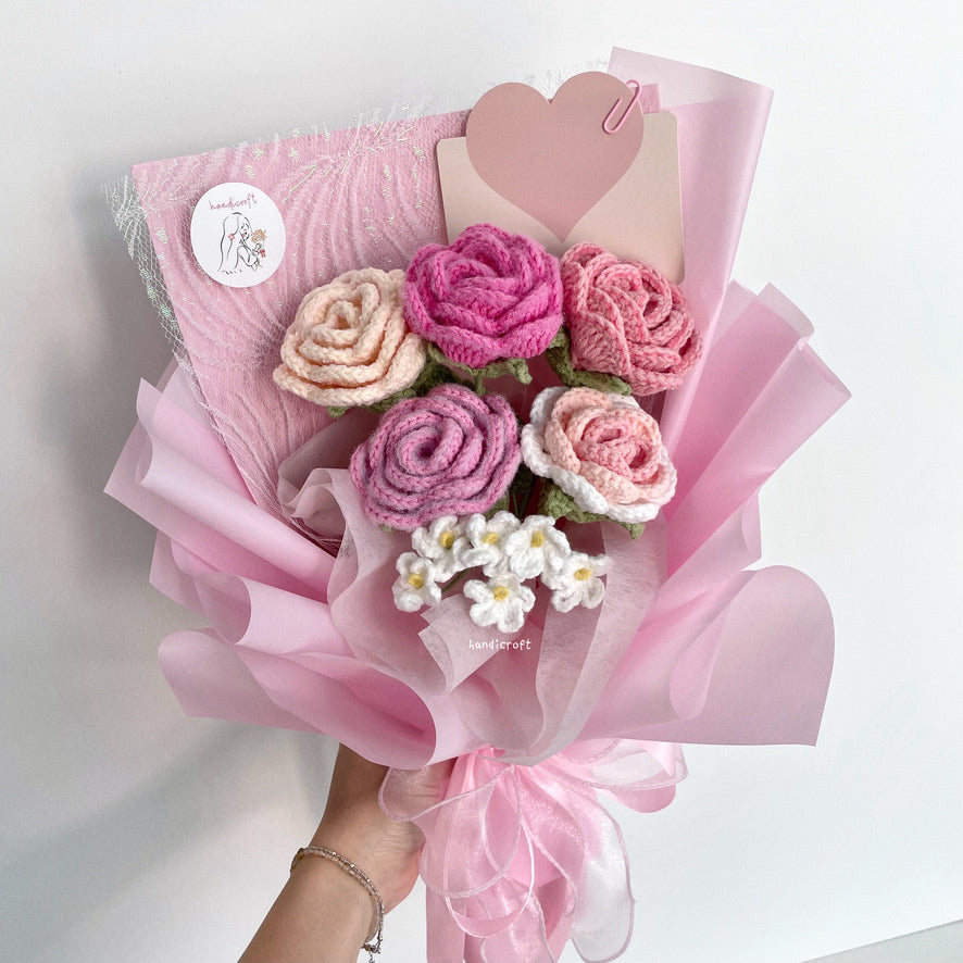 handicroft singapore handmade crochet special roses flower bouquet cheerful petals pink