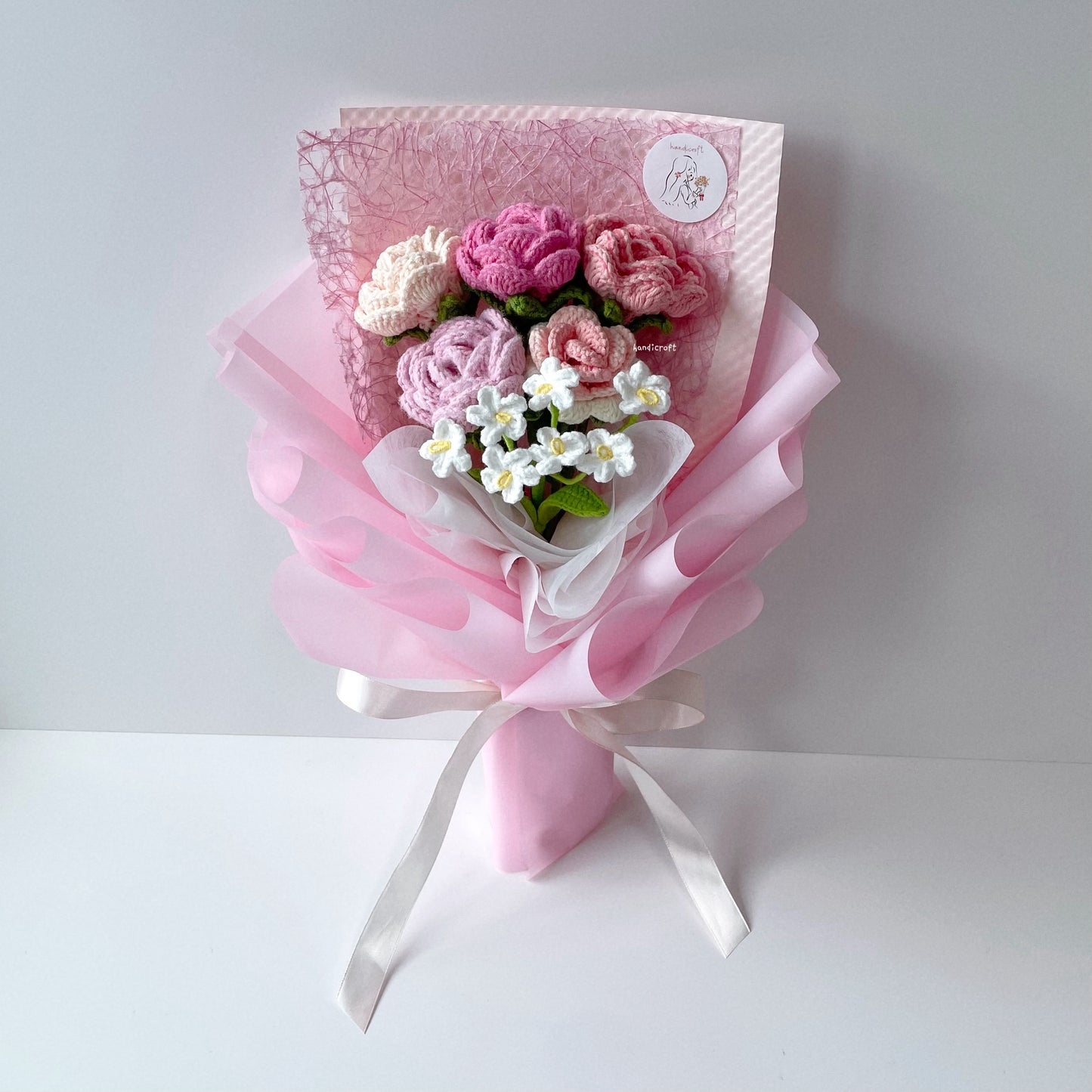 handicroft singapore handmade crochet special roses flower bouquet cheerful petals pink