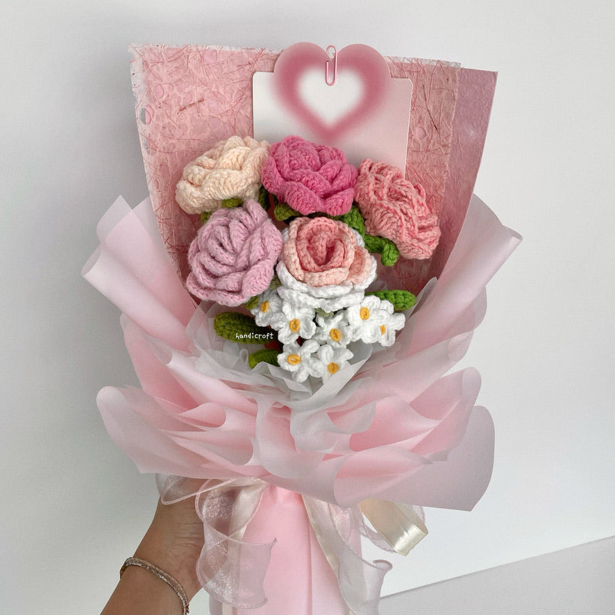 handicroft singapore handmade crochet special roses flower bouquet cheerful petals pink