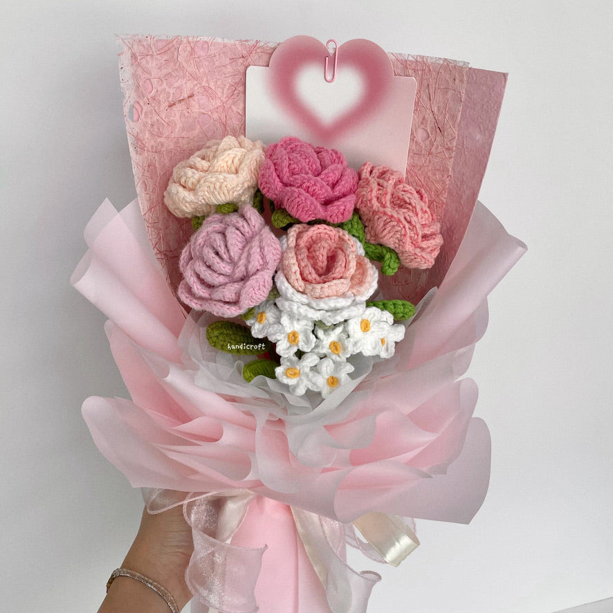 handicroft singapore handmade crochet special roses flower bouquet cheerful petals pink