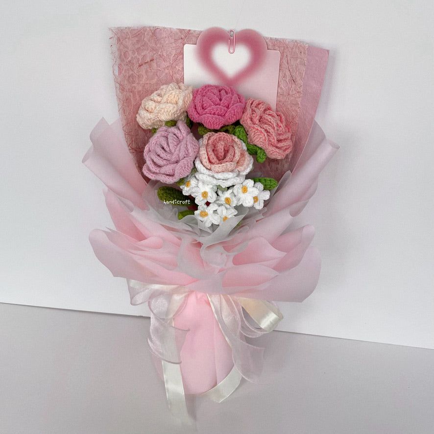 handicroft singapore handmade crochet special roses flower bouquet cheerful petals pink