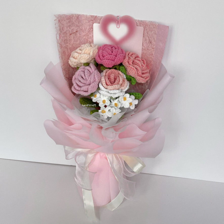 handicroft singapore handmade crochet special roses flower bouquet cheerful petals pink
