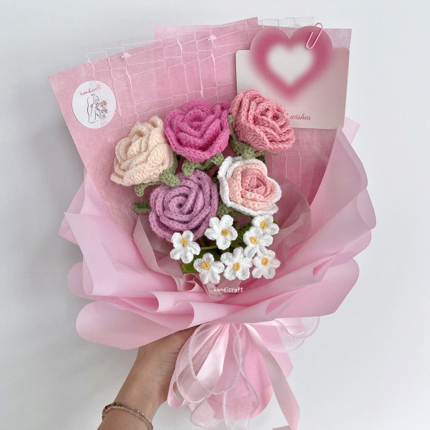 handicroft singapore handmade crochet special roses flower bouquet cheerful petals pink