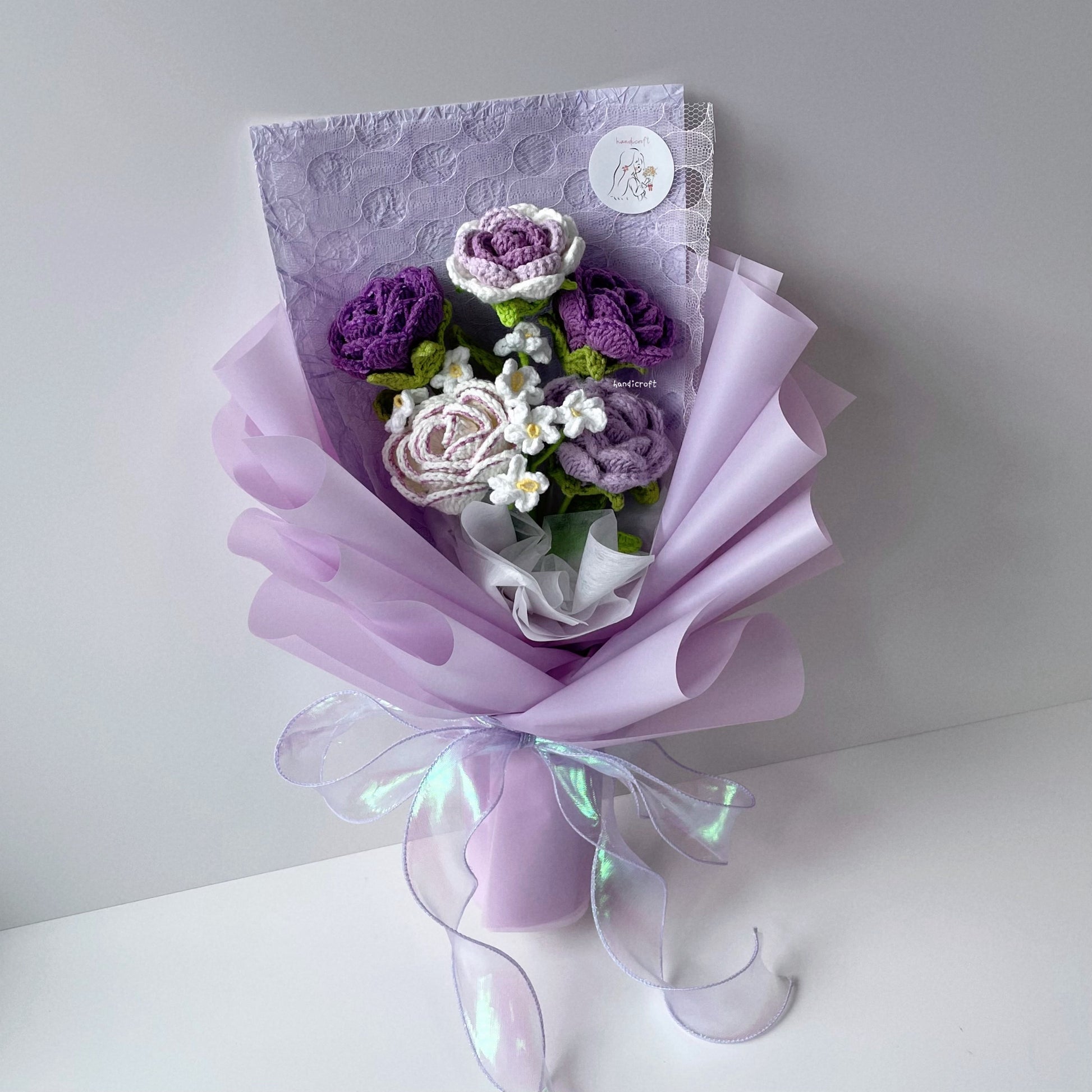 handicroft singapore handmade crochet special roses flower bouquet cheerful petals purple