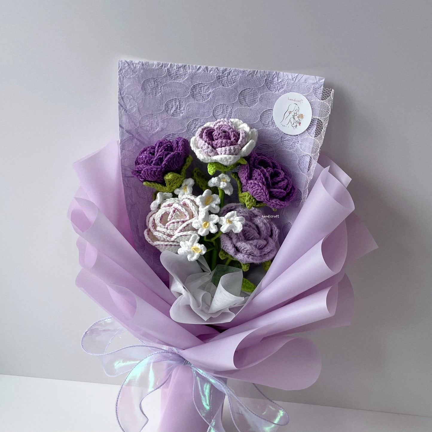 handicroft singapore handmade crochet special roses flower bouquet cheerful petals purple