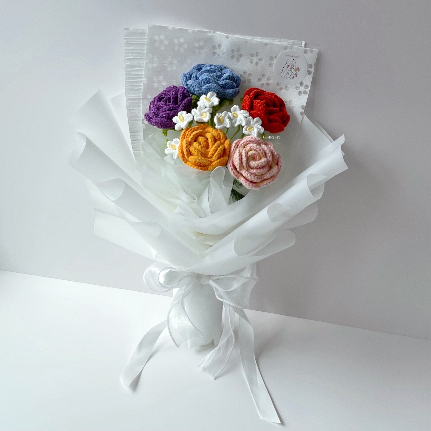 handicroft singapore handmade crochet special roses flower bouquet cheerful petals vibrant mix rainbow