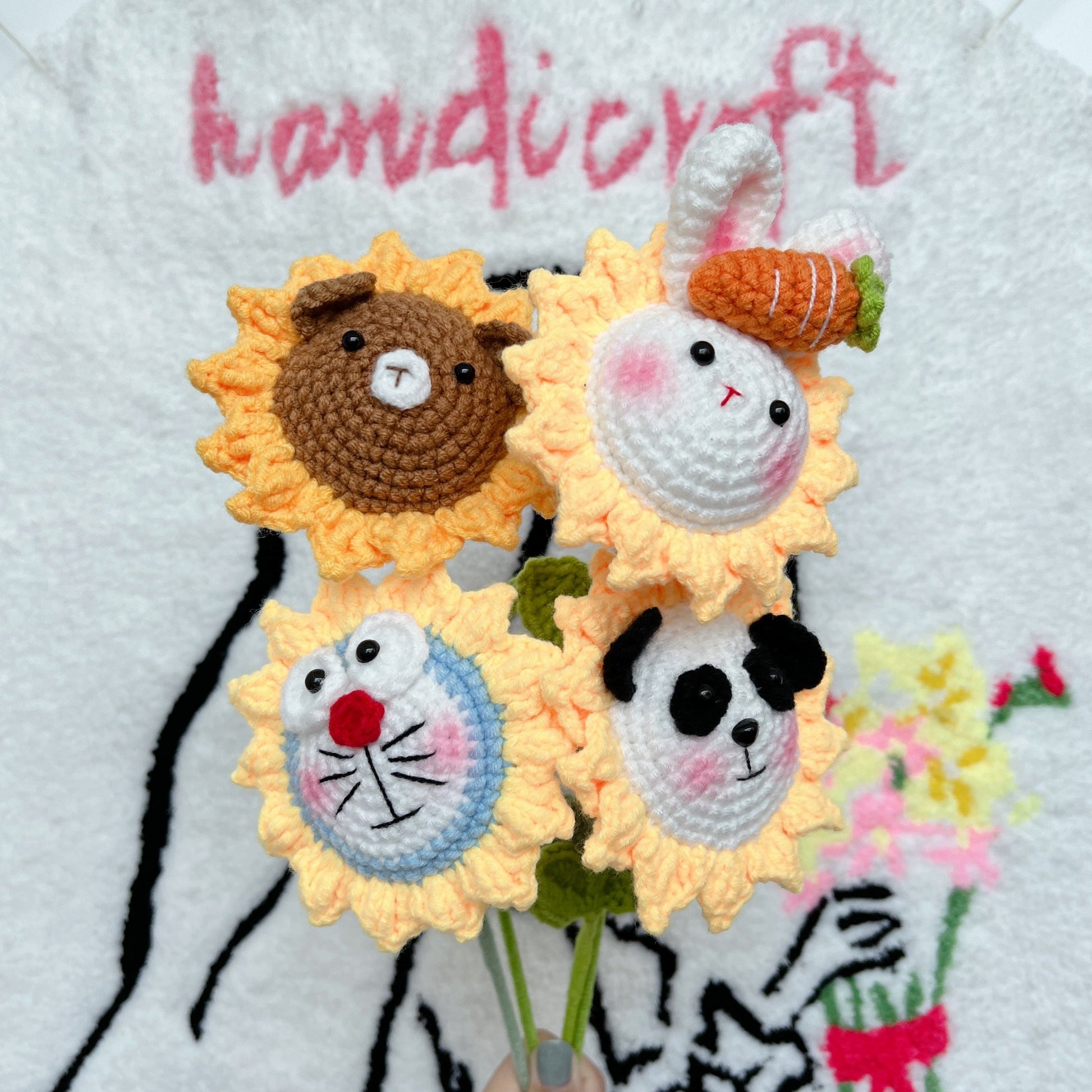 handicroft singapore handmade crochet sunflower animal characters flower bear rabbit doraemon panda