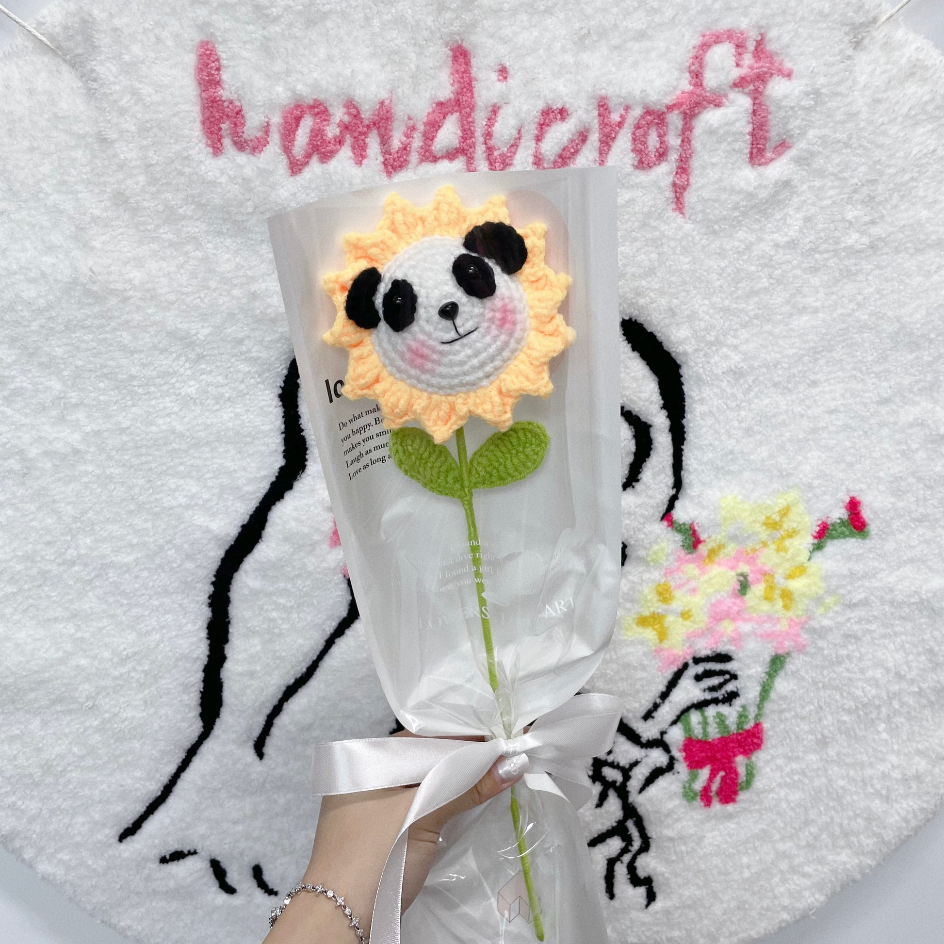 handicroft singapore handmade crochet sunflower animal characters flower bear rabbit doraemon panda