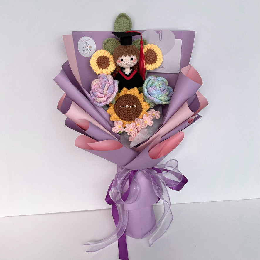 handicroft singapore handmade crochet sweet sunshine graduation flower bouquet pastel pink and purple theme