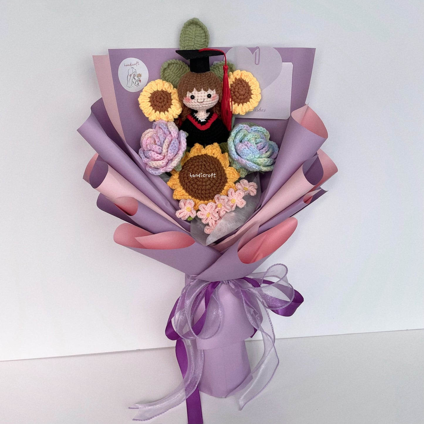 handicroft singapore handmade crochet sweet sunshine graduation flower bouquet pastel pink and purple theme